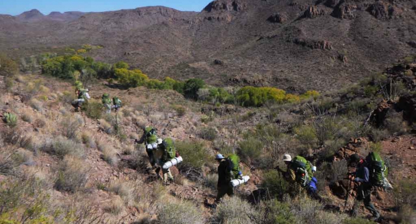 a group of gap year students carrying backpacks hike through a desert landscape on an outward bound semester course